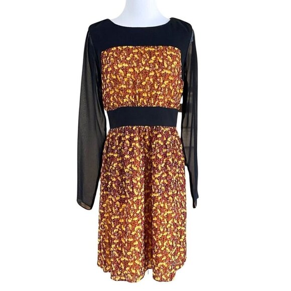 TED BAKER BARTA YELLOW ORANGE FLORAL BLACK SHEER CHIFFON PLEATED A-LINE DRESS - Picture 1 of 14